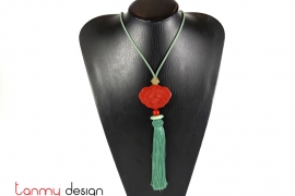 Necklace designed with red lotus pendant, green silk tassel